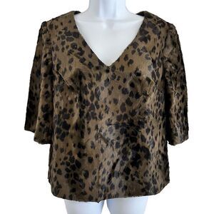 Trina‎ Turk Womens Top Small Brown Fur Animal Print Lined 3/4 Sleeve Coquette
